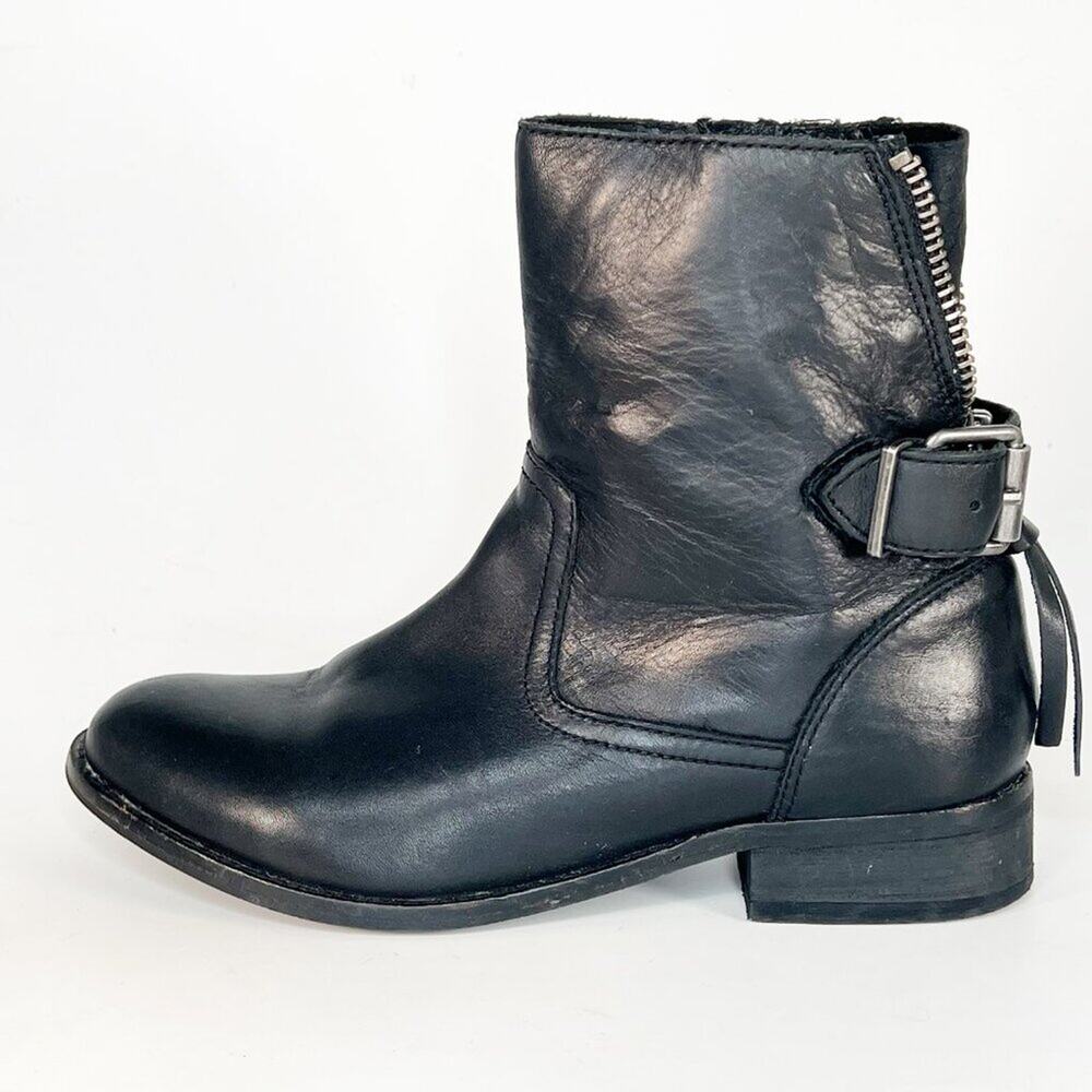 Aldo Black Leather Moto Motorcycle Buckle Ankle Boots Booties Women 7.5 - Picture 4 of 13